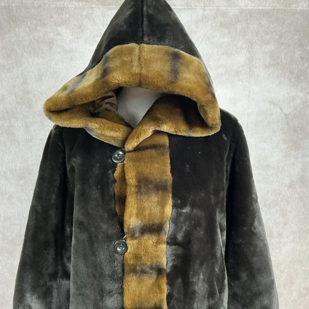 Dennis Basso Reversible Hooded Faux Fur & Nylon Trench Coat Women's Size L - Picture 2 of 7